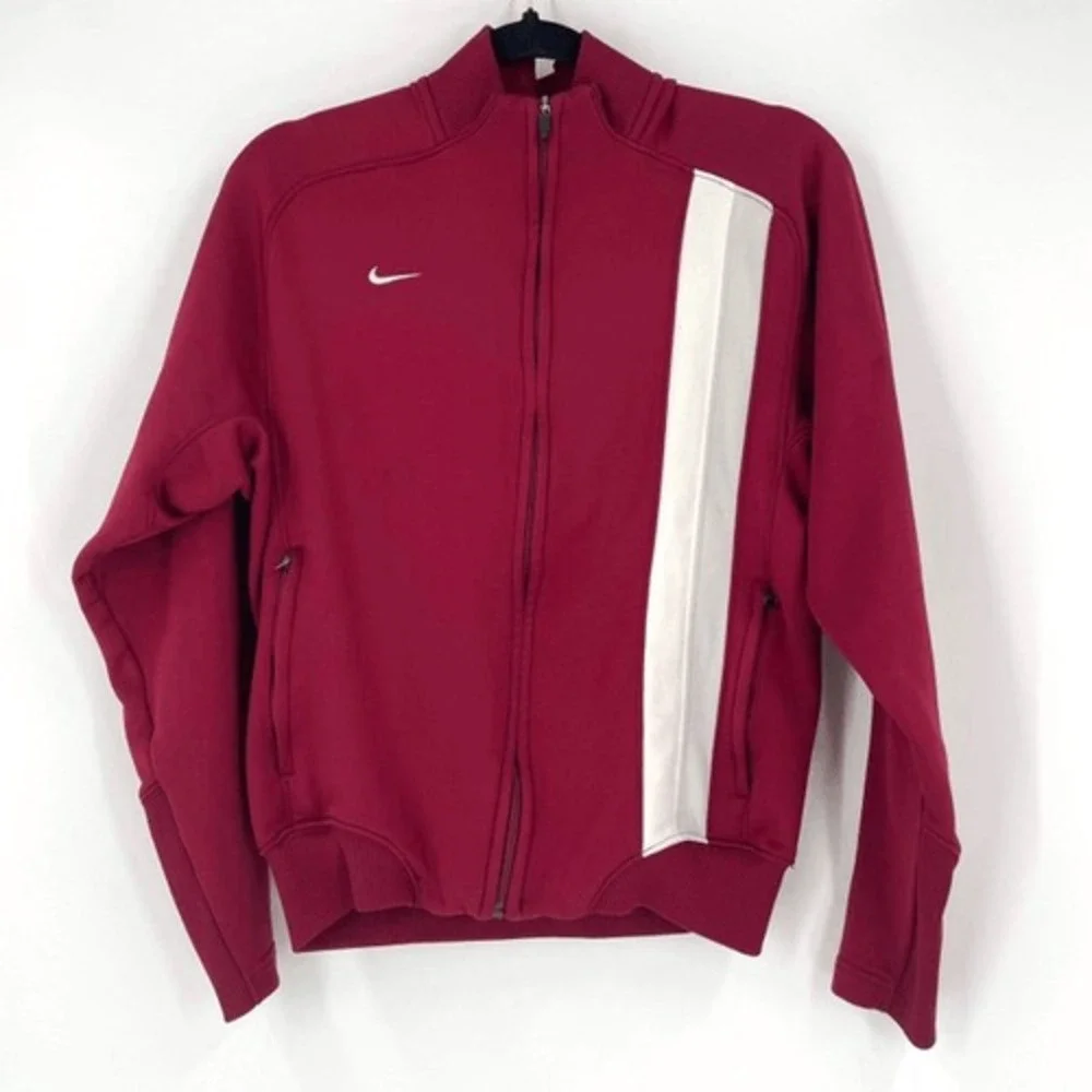 Vintage Y2K Nike Women LS Full Zip Track Jacket Burgundy White Size M Streetwear